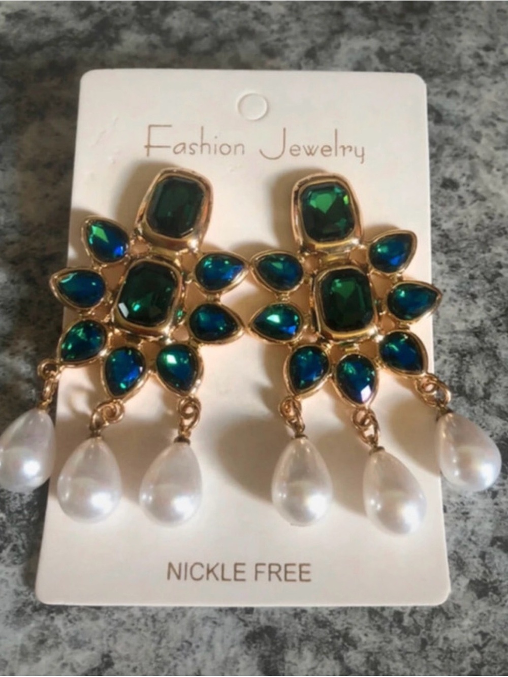 Fashion Jewelry Gold-Tone Green & Blue Crystal and Pearl Drop Earrings